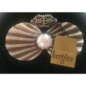 Vintage Signed BERGERE Silver Tone Bow Pin Brooch Faux Pearl Filigree with Tags